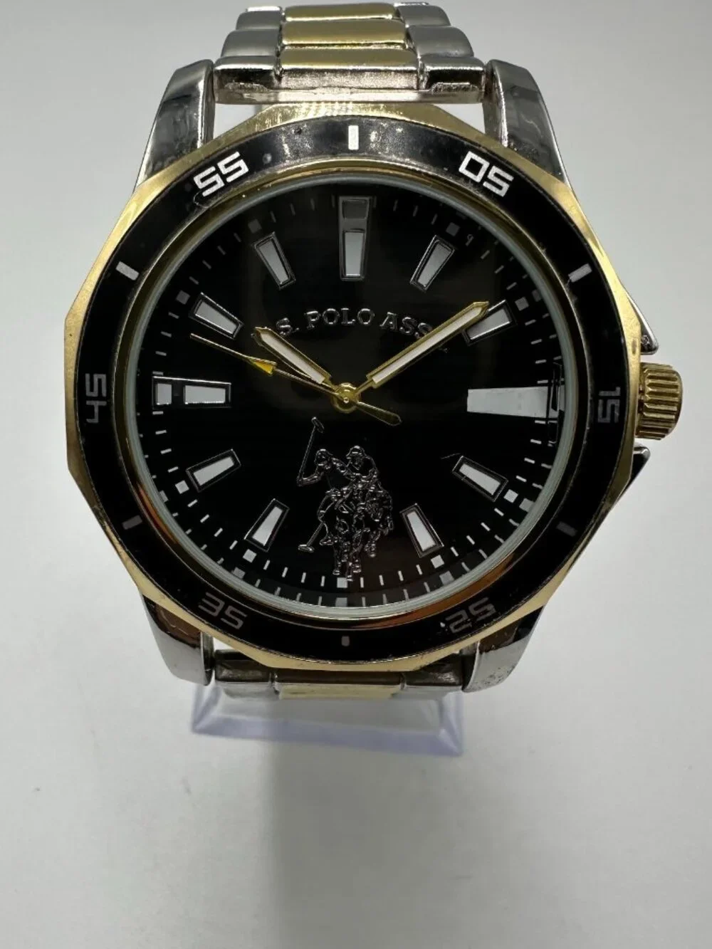 3/$30 US Polo Assn Watch Mens Silver Gold Two Tone Black Dial 4New Battery 8.25”